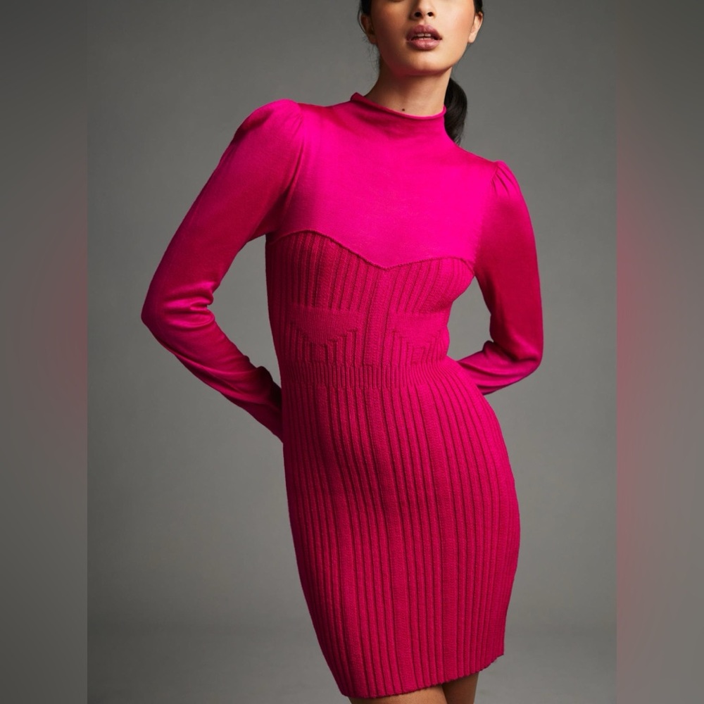 Anthropologie Pink Fuchsia Long Sleeve Stunning Mini Dress